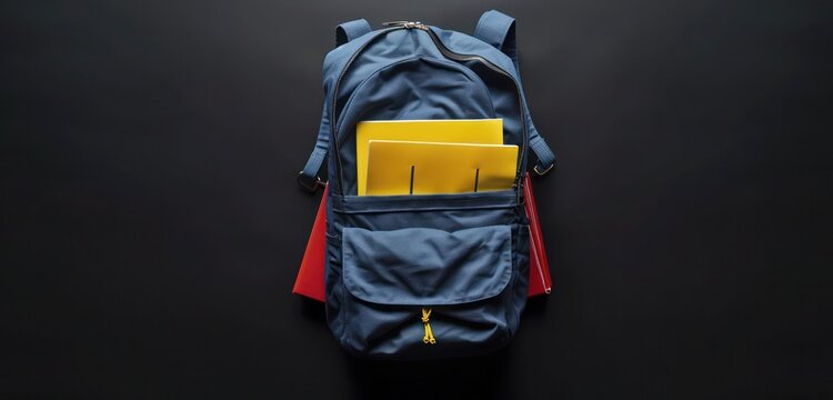 Bird's-eye view of indigo backpack, yellow folders, red binder,