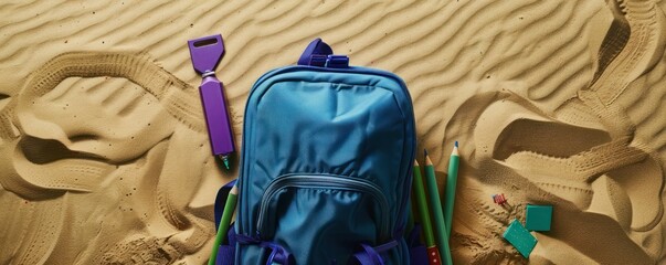 Naklejka premium Top-down view of indigo backpack with purple sharpener and green glue on tan,