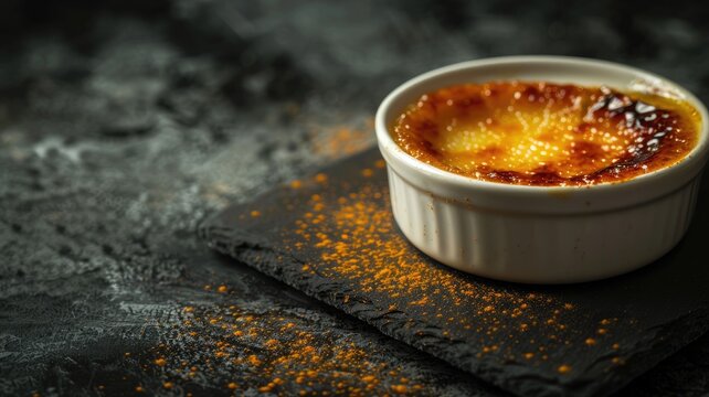 Golden-brown dessert in white ramekin on dark slate