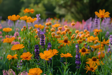Vibrant Garden Flowers in Bloom. A beautiful garden filled with vibrant purple, pink, and orange flowers, surrounded by rocks and greenery.