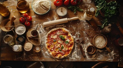 Aerial shot of pizza-making supplies meticulously arranged on a rustic wooden table, earthy tones, vintage rolling pins, olive oil bottles, and fresh ingredients, with warm lightin