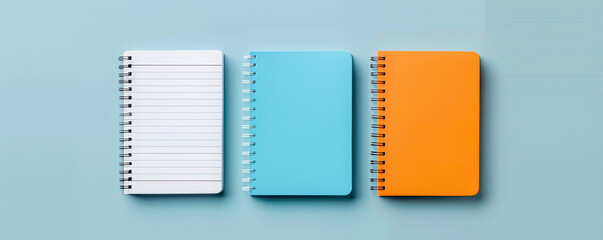 Three notebooks on blue background.