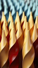 Fototapeta premium a row of yellow and red pens with a red and blue striped umbrella.