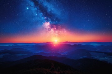 Naklejka premium Mesmerizing Milky Way galaxy above mountains at sunrise, vibrant colors illuminate the horizon, creating a stunning celestial view.