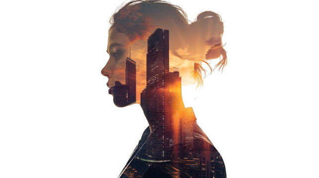 Double exposure of portrait office business workers and building architecture cityscape. creation city concept. Transparent background or PNG file.