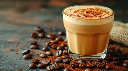 A glass of creamy cappuccino with frothy milk and cinnamon, surrounded by coffee beans on a rustic wooden table.