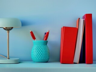 Turquoise stationery and a red book set against a blue wall, styled for back-to-school promotional content,