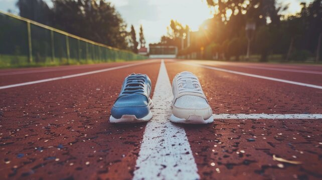 Pair of mismatched sneakers on wet running track under morning sun
