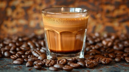 A glass of rich, creamy espresso surrounded by coffee beans, showcasing the perfect shot of aromatic coffee with a frothy top.