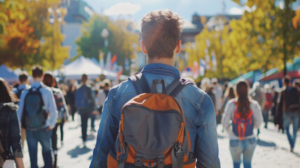 Obraz premium Back View of a College Man Student Wearing a Backpack