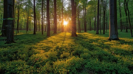 Obraz premium Sunlight filters through trees in a serene forest, casting golden rays on the lush green undergrowth during a peaceful sunset.