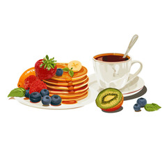 Delicious breakfast illustration with Pancakes, Coffee, and Fruits.
The transparent background allows for easy integration into any project. This image is generated by AI and refined for quality.