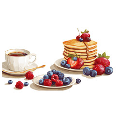 Delicious breakfast illustration with Pancakes, Coffee, and Fruits.
The transparent background allows for easy integration into any project. This image is generated by AI and refined for quality.