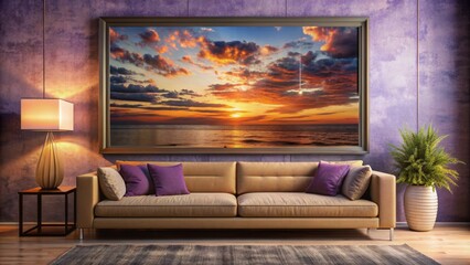 Cozy living room with plush sofa positioned beneath large picture frame showcasing vibrant sunset with warm orange and purple hues.