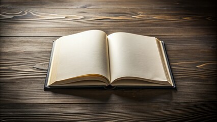 Obraz premium Isolated open book with blank white pages, subtle shadows, and creamy binding, sitting on a dark wooden table, awaiting inspiration.