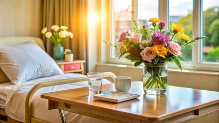 Cozy living room with wheelchair, walking stick, and medication nearby convey a sense of care and support for seniors.