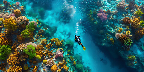 Obraz premium Drone Photo: Scuba Diver Exploring Vibrant Coral Reef