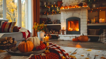 Obraz premium Warm and cozy autumn-themed living room with pumpkins, candles, and a lit fireplace, creating a festive fall atmosphere.