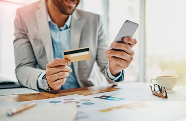 Hands, business or man with smartphone, credit card or typing for payment, subscription or transactions. Closeup, economy analyst or consultant with cellphone, fintech or trading money for investment