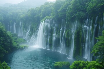 A serene landscape featuring multiple cascading waterfalls surrounded by lush greenery and mist, creating a peaceful and enchanting atmosphere.