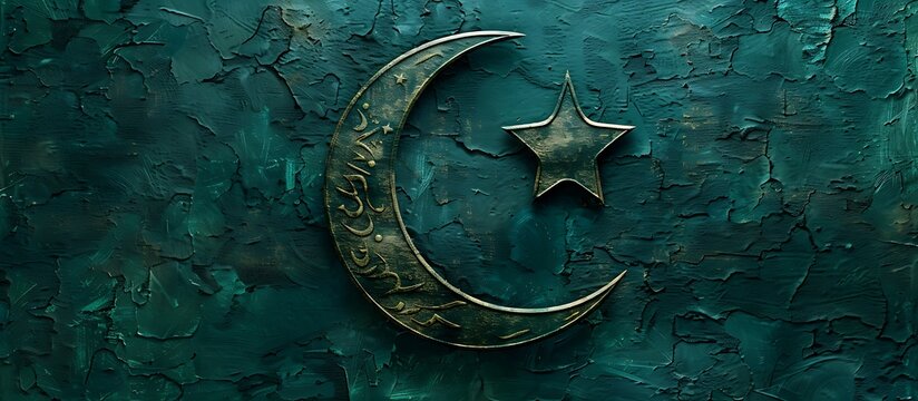 Abstract dark green textured wall art featuring a crescent moon and star, perfect for celebrating Pakistan Independence Day with text.