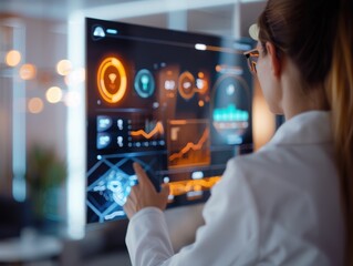 Virtual finance advisor, investment strategy hologram, futuristic office, advanced analytics