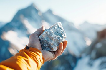 Mountaineer holding a boulder, holographic peak, advanced climbing gear