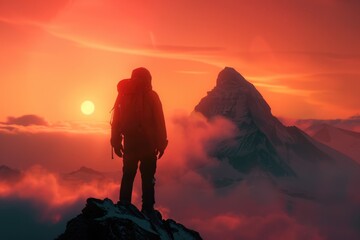 Obraz premium Trekker s exploration victory, holographic landscape, futuristic trekking success