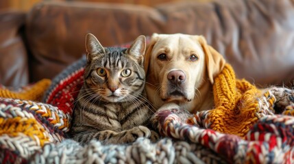 A cozy domestic scene of a tabby cat and Labrador dog snuggling together under blankets on a leather couch.