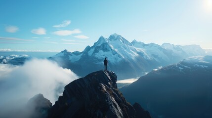 Hiker s quest for victory, holographic crest, futuristic exploration success