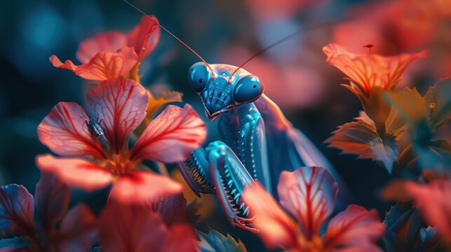 4K image of a praying mantis blending into the flowers and leaves.