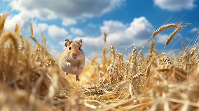Card with hampster runs on path in wheat field. Blue sky with clouds. Horisontal frame.. Windy weaher