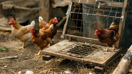 Chickens exploring outdoor enclosure with wire gate