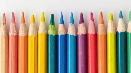 Fototapeta premium Colored pencils arranged in row on white surface