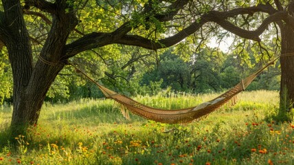 Peaceful hammock between trees in verdant field with wildflowers