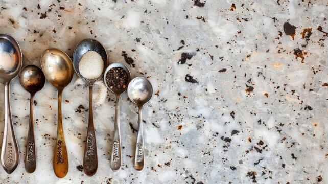 Assorted measuring spoons on marbled surface