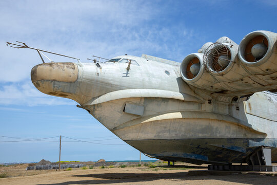 DERBENT, RUSSIA - MAY 10, 2024: A close-up fragment of the Lun ekranoplane. Surroundings of Derbent, Dagestan, Russia