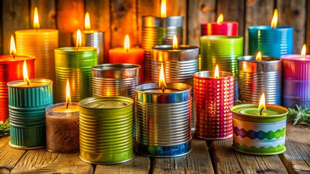 Vibrant candles crafted from repurposed metal cans in various colors and shapes, promoting eco-friendly reuse and sustainable living concept.