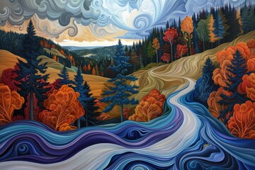 Vibrant abstract landscape painting with swirling sky, flowing river, and colorful trees in autumn scenery.