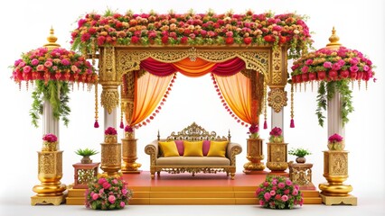 Obraz premium Vibrant colorful Indian Hindu wedding mandap decorations isolated on white background with intricate carvings, flowers, and ornate golden details.