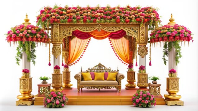 Vibrant colorful Indian Hindu wedding mandap decorations isolated on white background with intricate carvings, flowers, and ornate golden details.