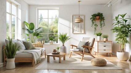 Minimalist white living room with sleek wooden furniture, natural textiles, and plenty of greenery basking in soft, warm light.