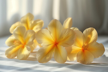 Naklejka premium Yellow and White Plumeria Flowers with Water Droplets on White Background. Close-up of yellow and white plumeria flowers with water droplets on a white background