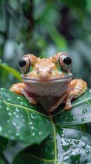 4K photo of a frog blending into the green leaves of a tropical rainforest.