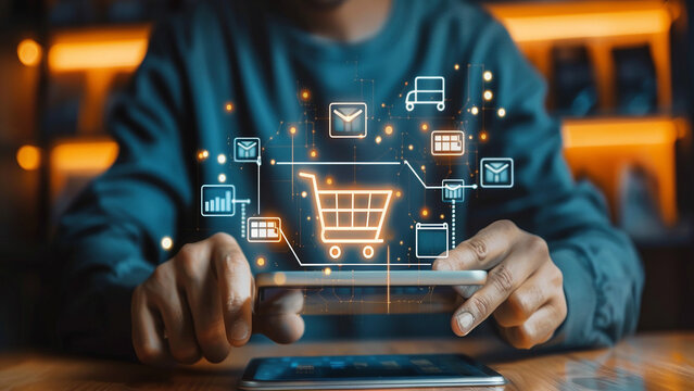 E-commerce and online shopping concept with icons, website ad, email, social network, SEO, video, mobile app,Digital online marketing commerce sale concept, virtual screen,ecommerce growth concept,