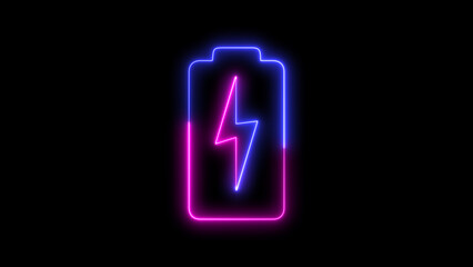 Neon battery icon. Battery charge glowing battery icon.