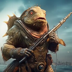 a creature with a gun and a fish in its mouth