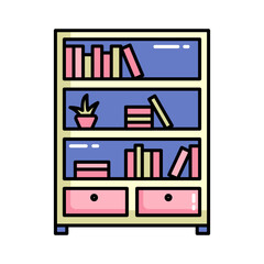 Bookshelf book rack interior design colored icon