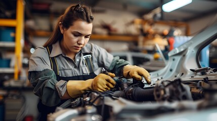 Portrait of a happy mechanic woman working on a car in an auto repair shop, Mechanic working at the repair garage. Female mechanic working on car