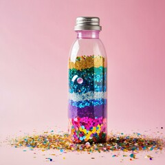 A clear plastic bottle filled with water, glitter, colorful sequins, and slow-moving bubbles, designed to be visually stimulating and calming for children with sensory sensitivities.